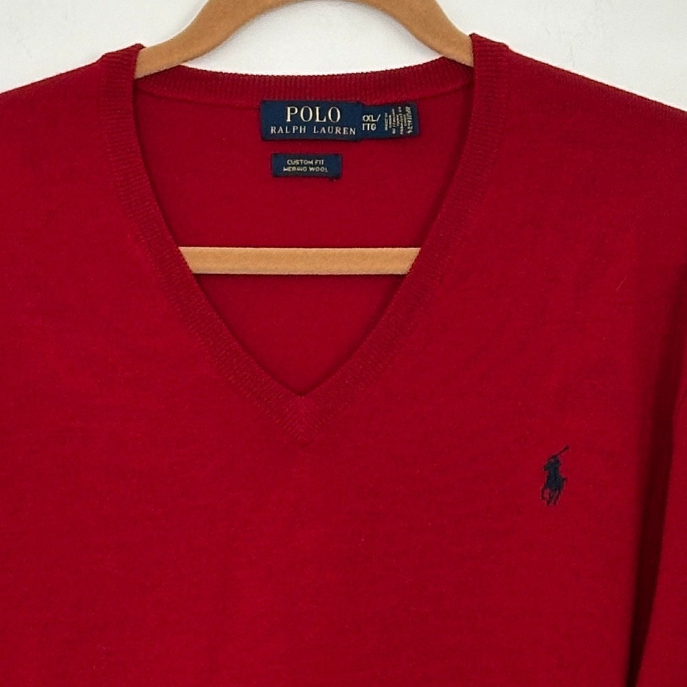 Polo Ralph Lauren Mens XXL Red Merino Wool V-Neck Custom Fit Sweater Blue Pony